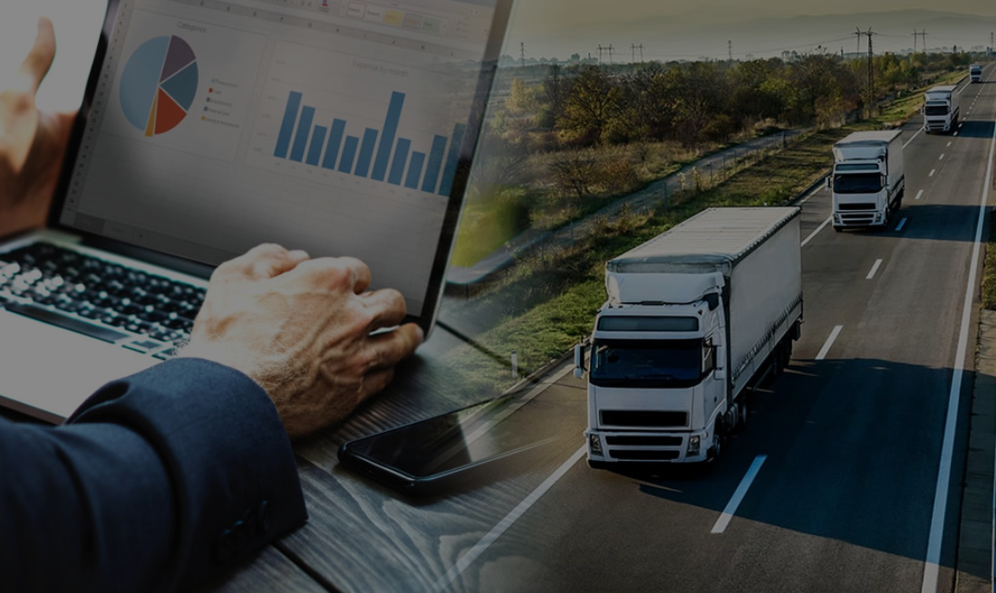 Fleet planning illustration with commercial vehicles and business analytics